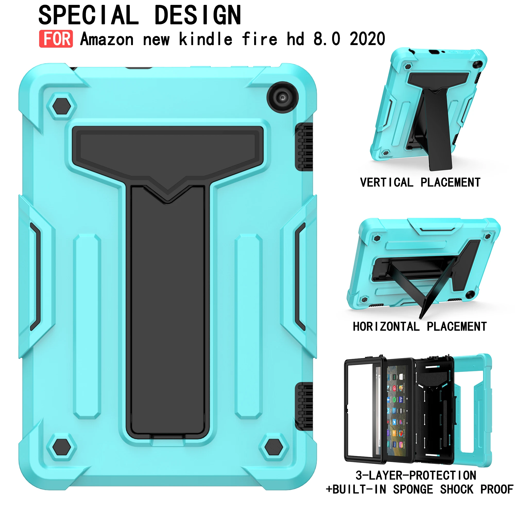 Case for Amazon Fire HD 8 2020 10th Generation Hybrid Kickstand Cover Shockproof Built-in Functional Kickstand Tablet Shell Capa