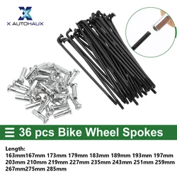 X Autohaux Bike Wheel Spokes 163/167/173/179/183/189/193/197/203/210/219/227mm Length Bicycle Spokes Nipple Carbon Steel Black