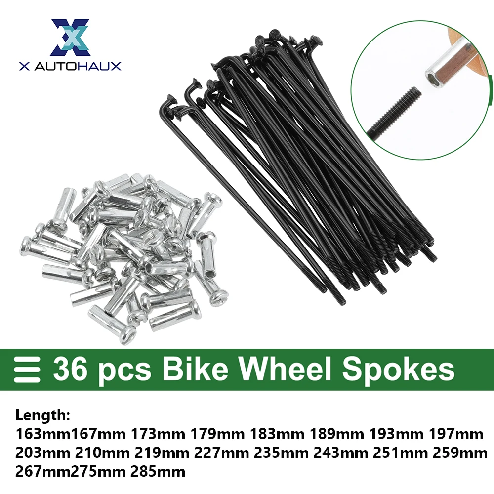 X Autohaux Bike Wheel Spokes 163/167/173/179/183/189/193/197/203/210/219/227mm  Length Bicycle Spokes Nipple Carbon Steel Black