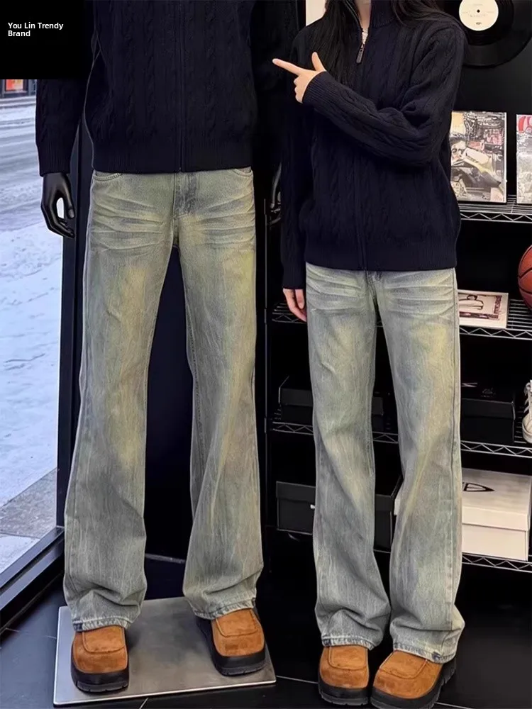 

Мужские джинсы в стиле ретро с синим американским принтом в виде молний, прямые брюки с высокой талией и микро-клешем, молодежные, повседневные, удобные, хорошо сидящие.