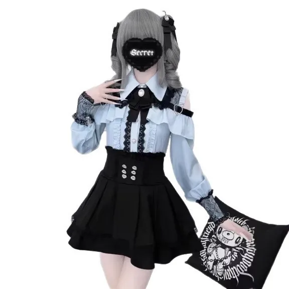 Women's Matching Japanese Style Off Shoulder Short Sleeve Mini Dress Woven High Waist Casual Lolita Jirai Kei 2-Piece Set - view 4