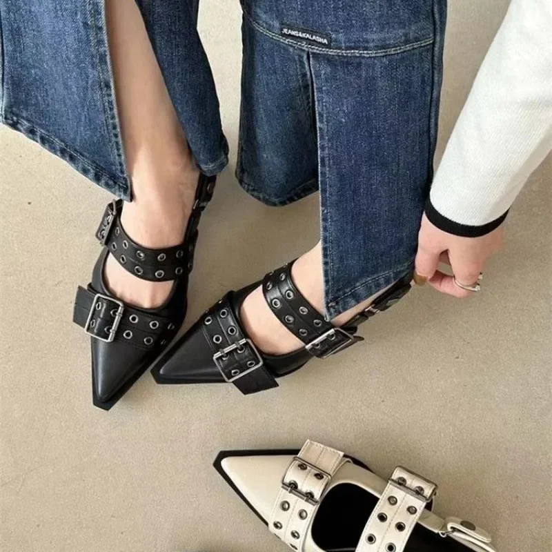 New 2024 Women Chunky Sandals Summer Shoes Fashion Mid Heels Pointed Toe Party Shoes Brand Casual Shoes Mujer Slippers Zapatos