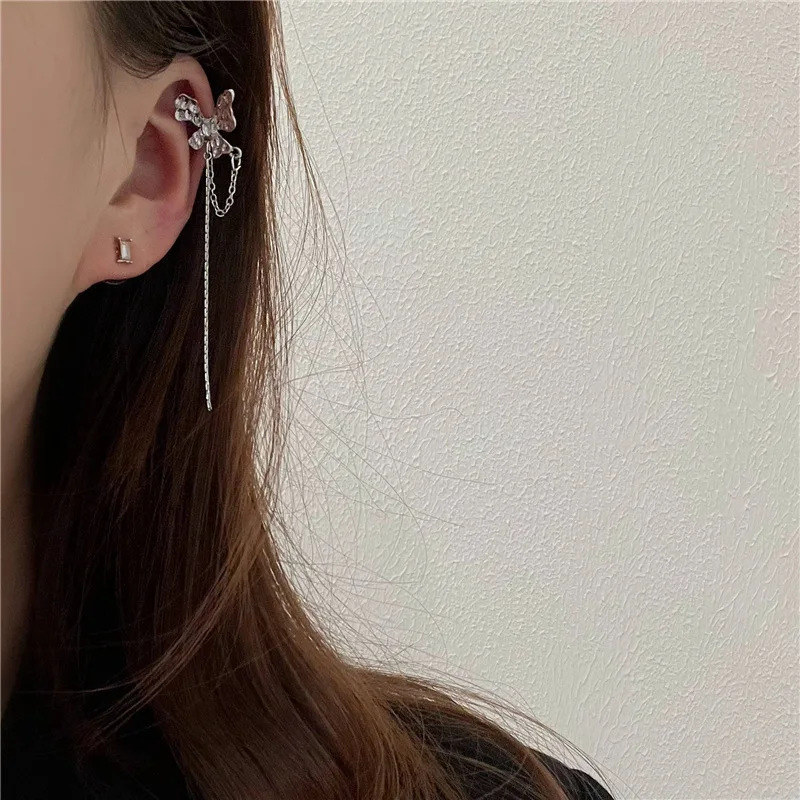 Elegant Long Bow Knot Drop Earrings for Women Rhinestones Metal Beads Chain Tassel Dangle Earrings Party Sweet Trendy Jewelry