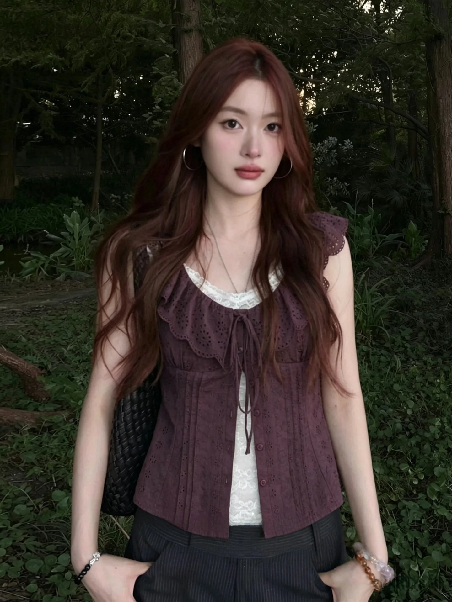 

Retro Purple Short Sleeve Women's Shirt Slim Fit Puff Sleeve Hem Trim Korean Style Breathable Skin-Friendly Slimming Top