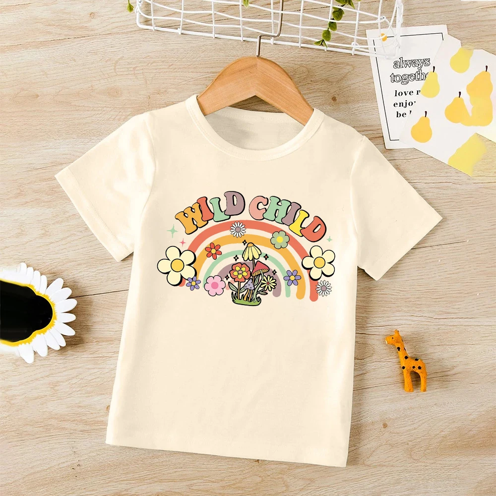 

Groovy Wild Child Toddler Shirt Rainbow Natural Shirts Kids T-shirt Boho Wild And Free Girls Retro Wildflower short sleeve Tee