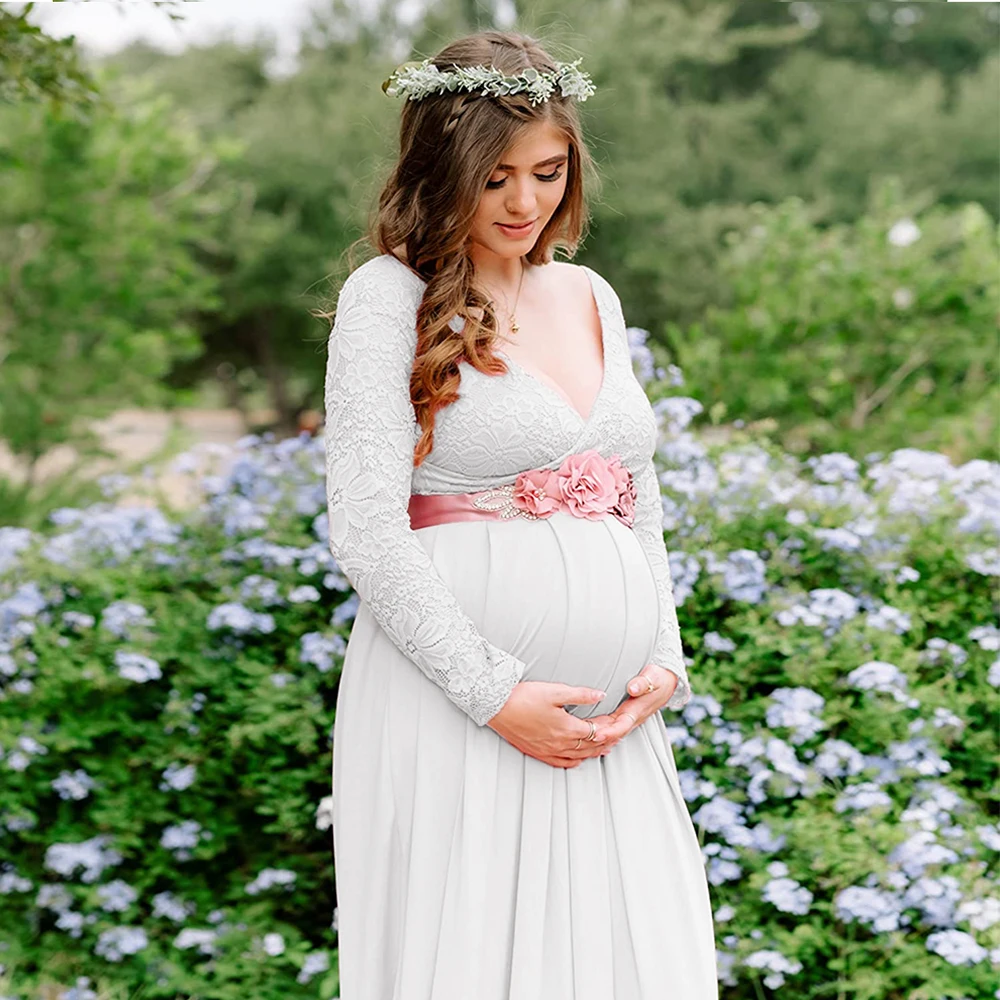 Maternity Lace Photography Gown V-Neck Long Sleeve Maxi Elegant Pregnancy Dress For Baby Shower Photography