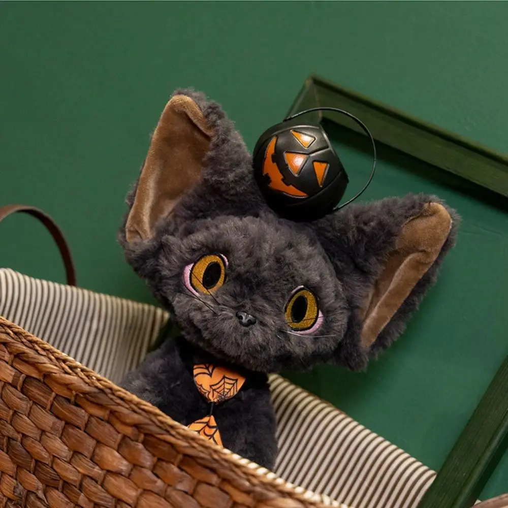 Halloween Style Devon Rex Cat Plush Toy Spider Web Tie Pumpkin Basket Black Cat Plush Doll German Curly Huggable