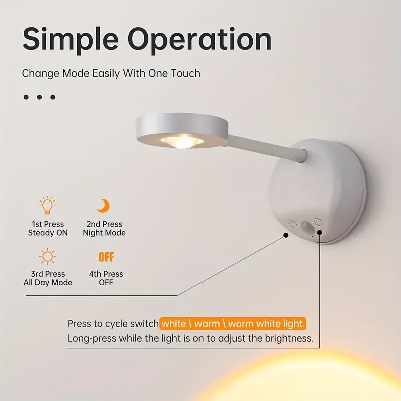Luz de pared inalámbrica de detección humana inteligente recargable por USB, 3 colores, foco Led regulable para iluminación, pinturas, imágenes