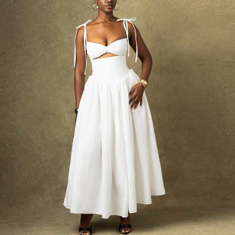 Sexy Spaghetti Strap sin tirantes A-line Vestidos de fiesta mujer sin mangas recortado plisado cumpleaños Club noche Maxi vestido Vestidos