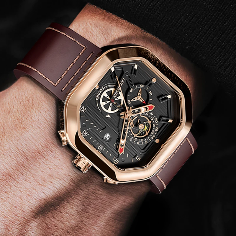 Часы наручные LIGE мужские с квадратным циферблатом, модные брендовые Роскошные водонепроницаемые кварцевые деловые спортивные с хронографом