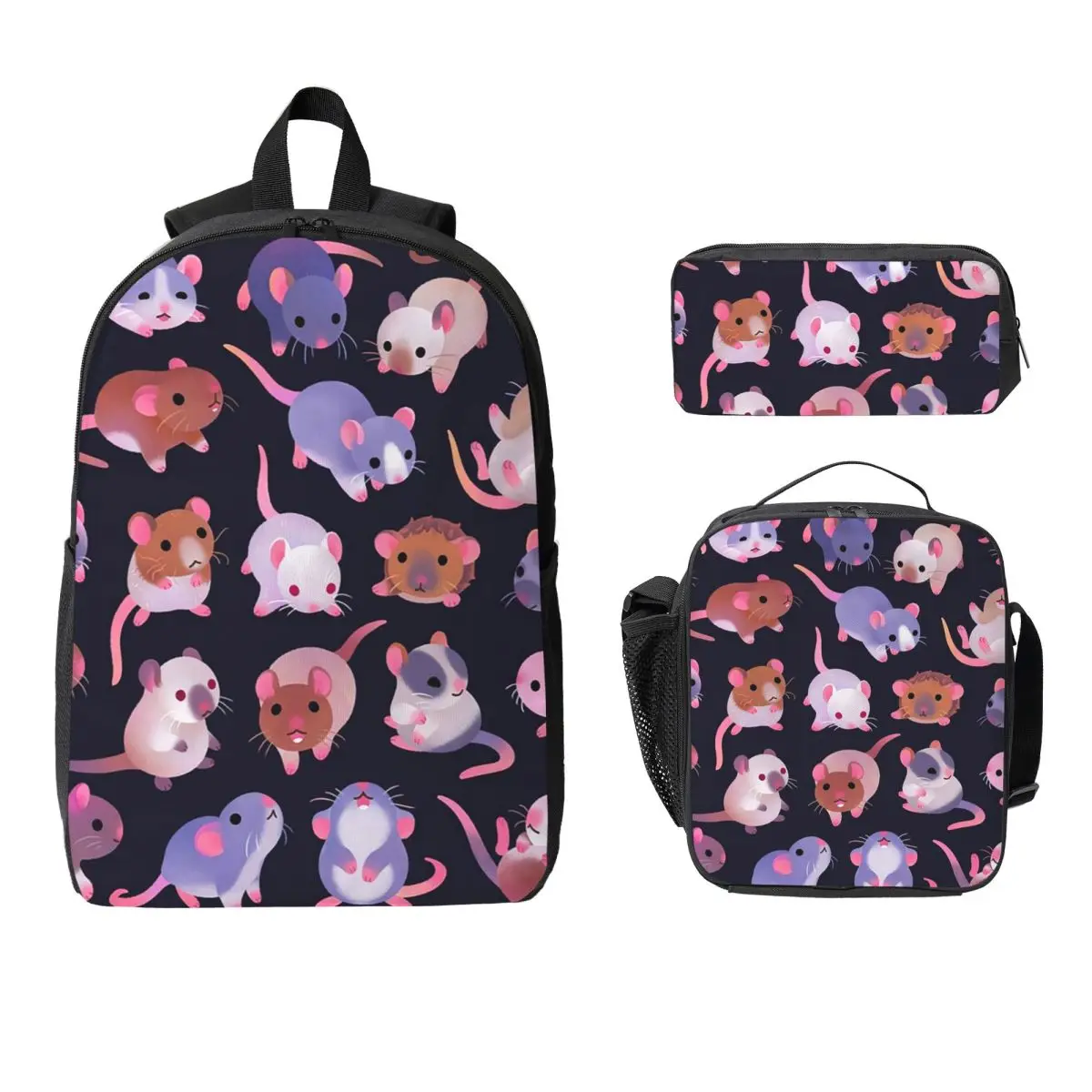 Fancy Rat - Dark Backpack Student BookBag School Bag Computer Shoulder Bags 3ps Insulated Lunch Bag Pencil Case