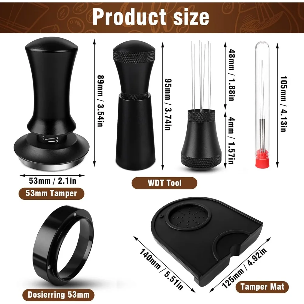 54mm Coffee Tamper Set, Including WDT Tool, 54mm Dosing Ring, Tamper Pad, Stainless Steel Pressure Regulating Tamper Base Black