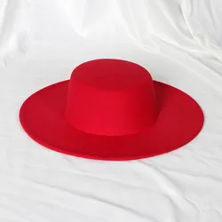 2022 new oversized edge flat top hat retro French felt hat outdoor sun hat women's big-brimmed fedora hat