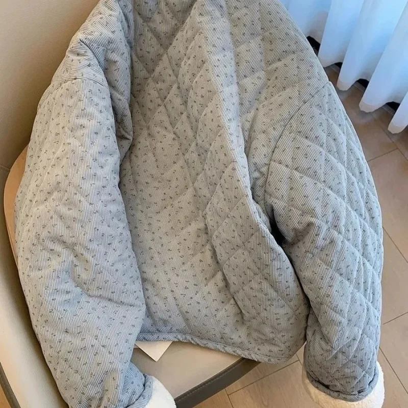 Chaqueta elegante de pana floral para mujer, top coreano de algodón de manga larga con cuello redondo y corte holgado, chaqueta cálida y versátil para otoño e invierno