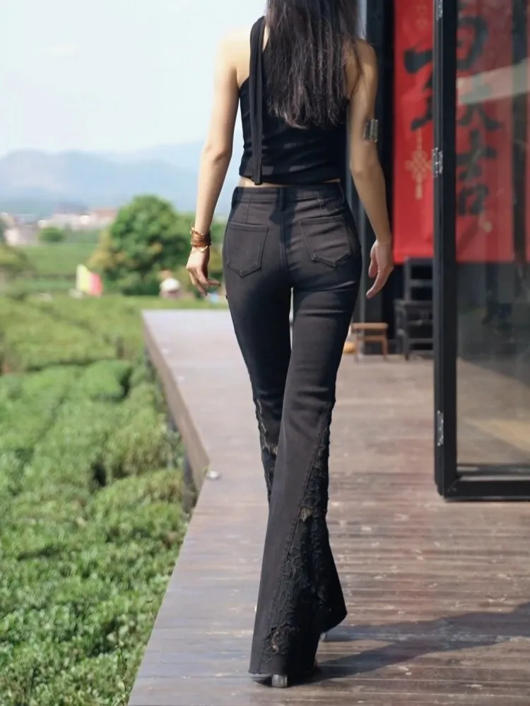 Chic Designer Office Ladies Black Appliques Jeans High Waisted Embroidered Hollow Out Flared Pant Fashion Womens Denim Trousers