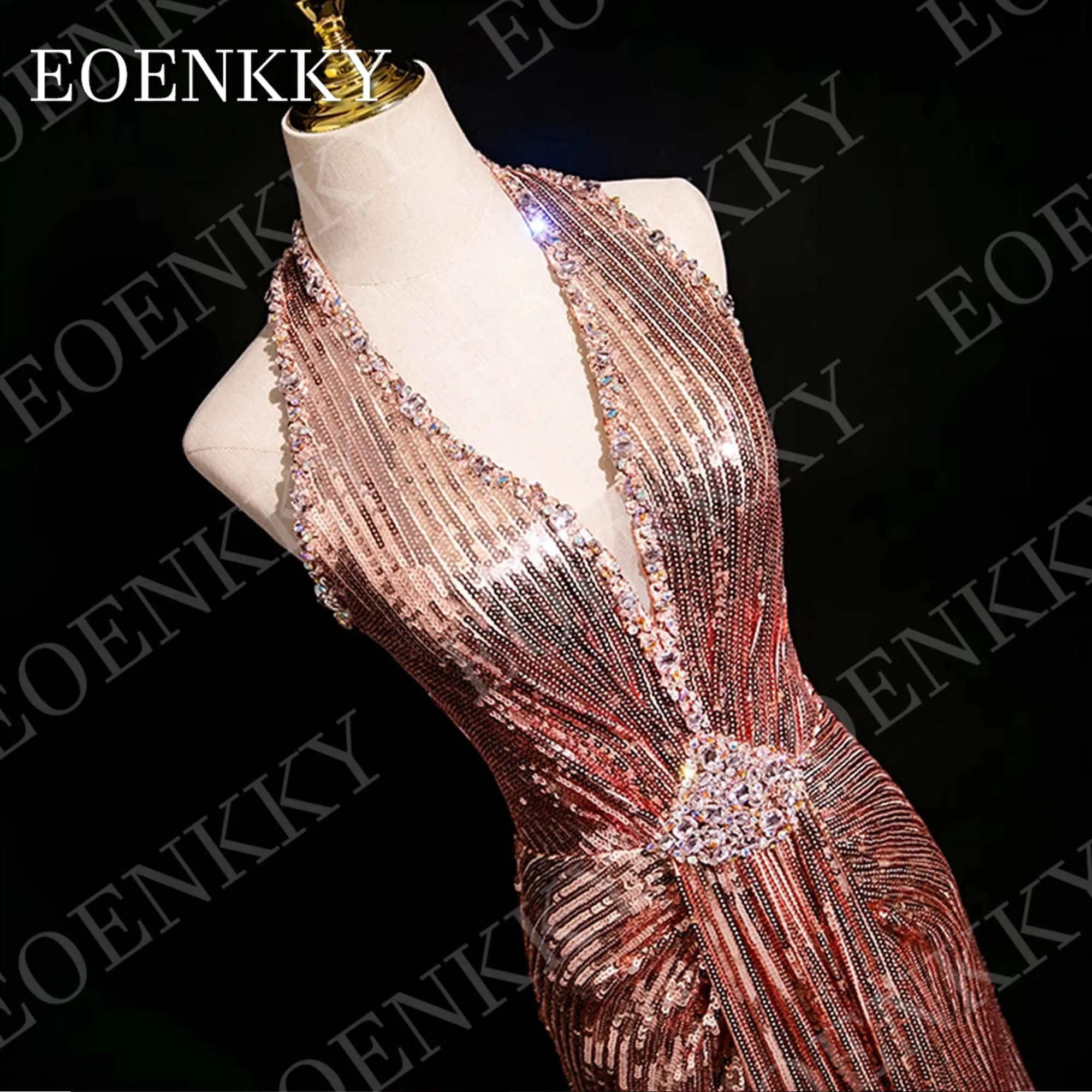 EOENKKY Elegant Sparkly Evening Dresses for Wedding Mermaid Sequin Beaded V Neck Prom Dress Halter Neck Customized فساتين سهرة