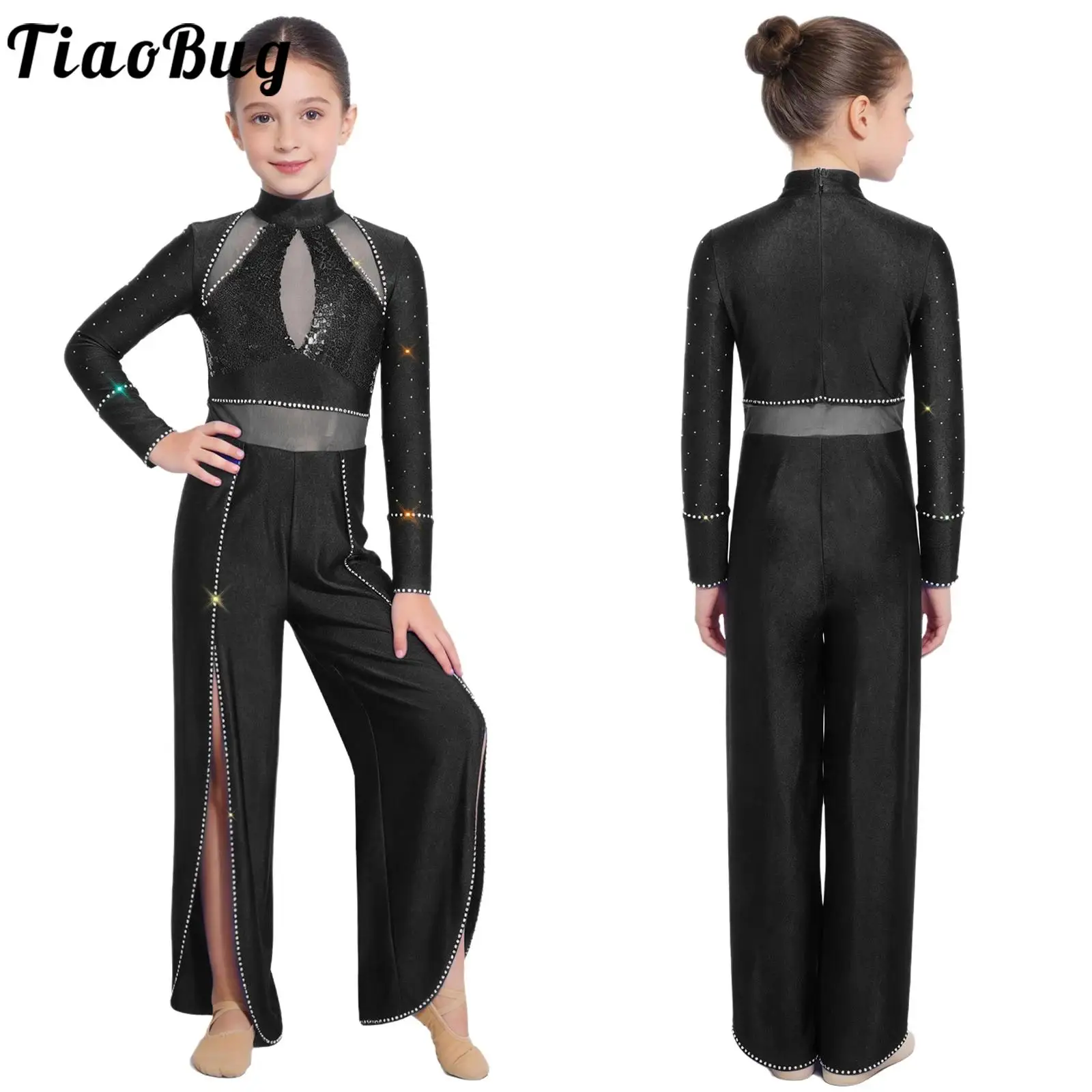 

Kid Girls Figure Skating Ballet Lyrical Dance Costume Long Sleeve Rhinestones Sequins Split Wide Leg Jumpsuit Ballroom Dancewear
