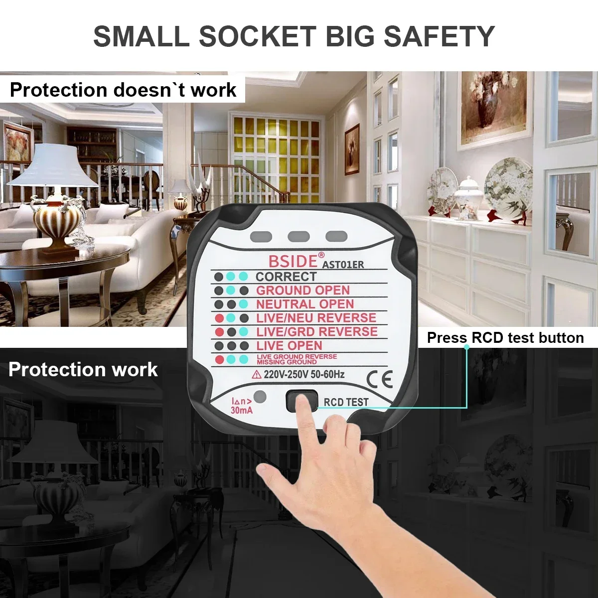 BSIDE AST01 Electric Socket Tester EU US UK AU Plug RCD GFCI Test  Outlet Ground Zero Line Plug Polarity Phase Wall Check