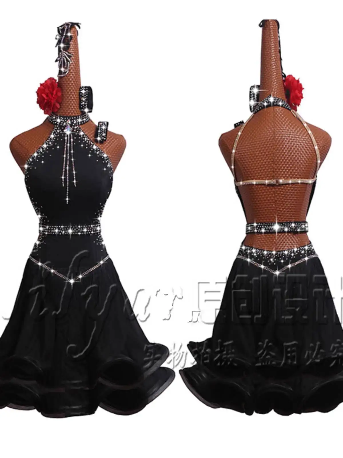 ใหม่ชุดแข่งขันเต้นรำลาตินมาตรฐานชุดแข่งขันมาตรฐานแห่งชาติสีดำสไตล์จีนคอเซ็กซี่ปิดไหล่