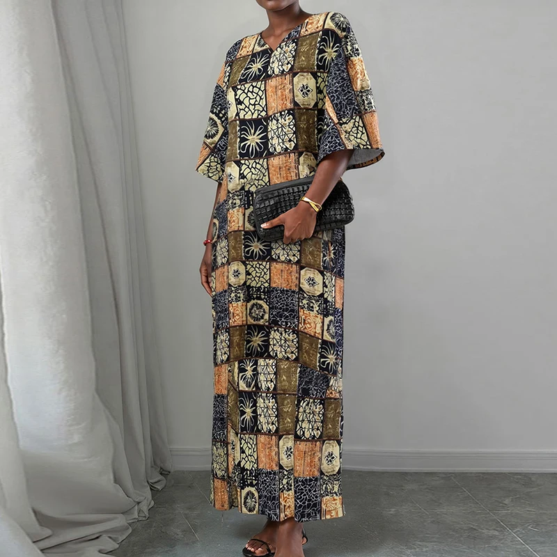 نمط طباعة السيدات الخامس الرقبة رداء فضفاض فستان عادية بأكمام طويلة عالية الخصر عطلة فستان أنيق الخريف البوهيمي فستان ماكسي #1