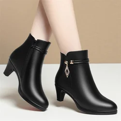 Comfort Fashion Soft Leather Winter Shoes Platform Boots 2024 Elegant Black Block High Heels Ankle Office Mom Boots