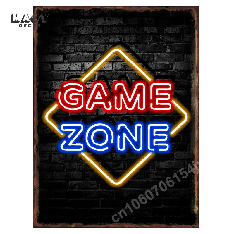 Neon Gaming Zone Metal Tin Sign poster Wall Decor sala giochi Bar Hotel Party corridoio Gamer camera da letto accessori per la decorazione della casa