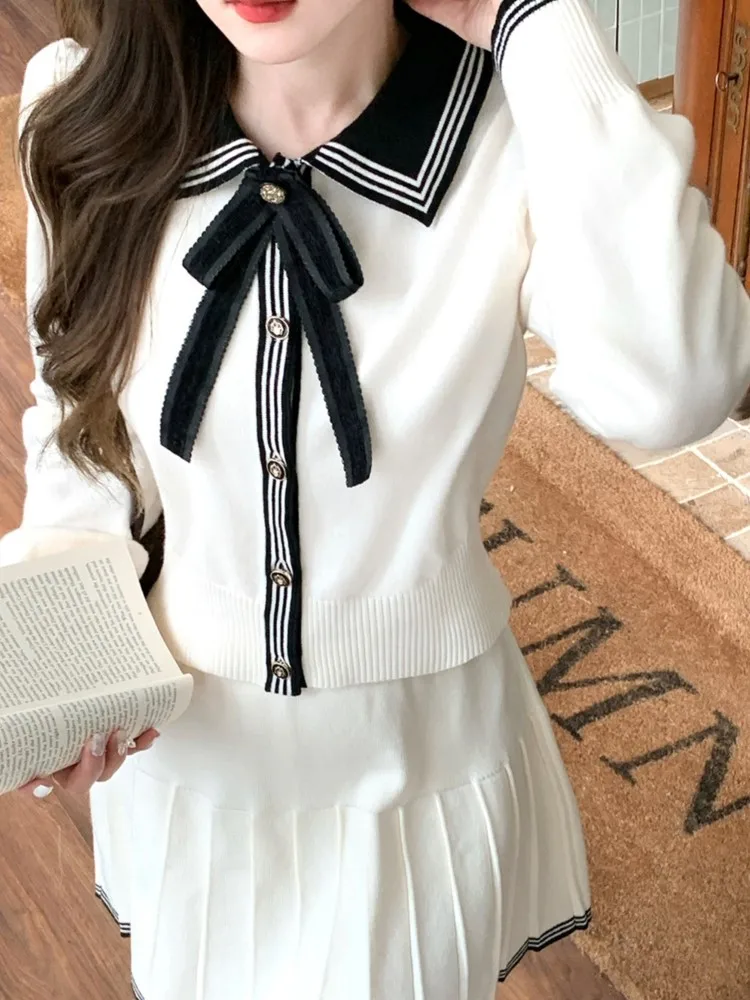 Y2k Preppy Style Skirt 2 Piece Suit Korean Chic Patchwork Knitted Outfits Autumn Short Jumper Pleats Mini Skirt Set Women New