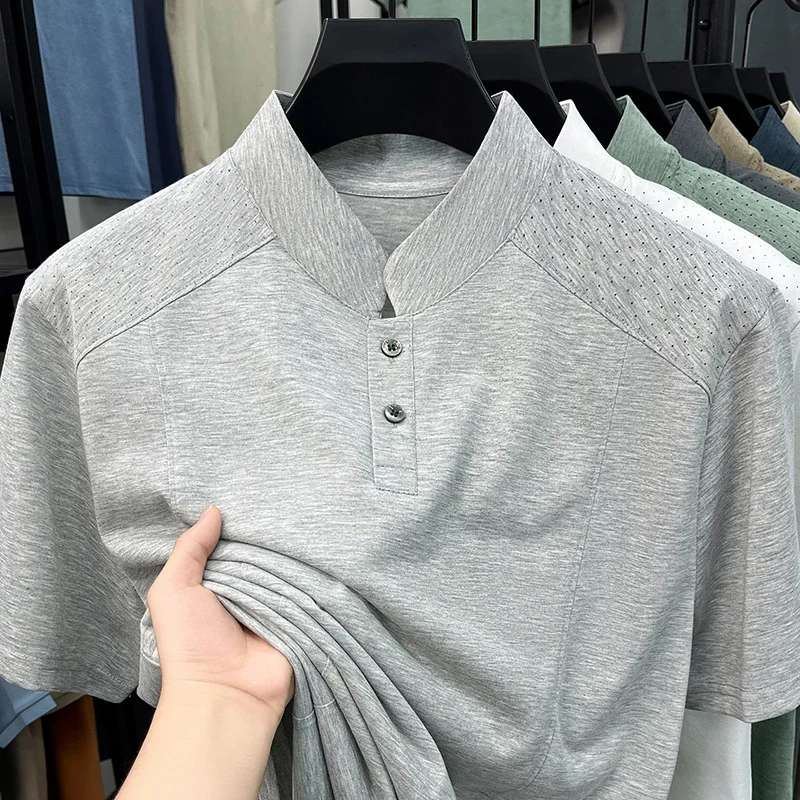 Camisas Polo Casuales para Hombre, Cuello Alto, Dos Botones, Estilo Henley, Ventilación en los Hombros, Manga Corta, Suaves y Amigables con la Piel