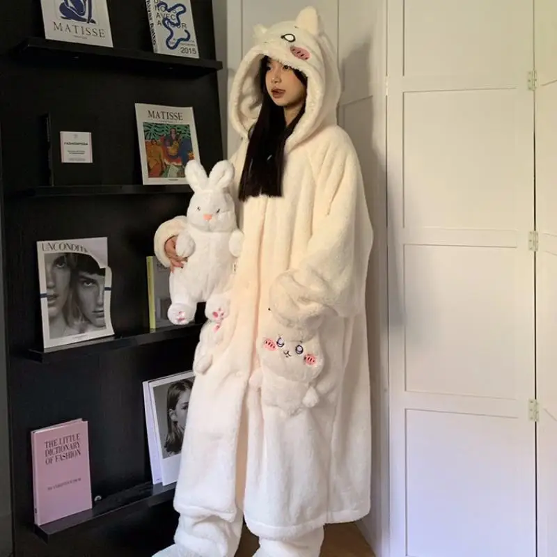 Anime Usagi Hachiware Kawaii Self-Deprecating Bear Chiikawa Coral Velvet Pajamas Long Pajamas Thickened Velvet Cardigan Set