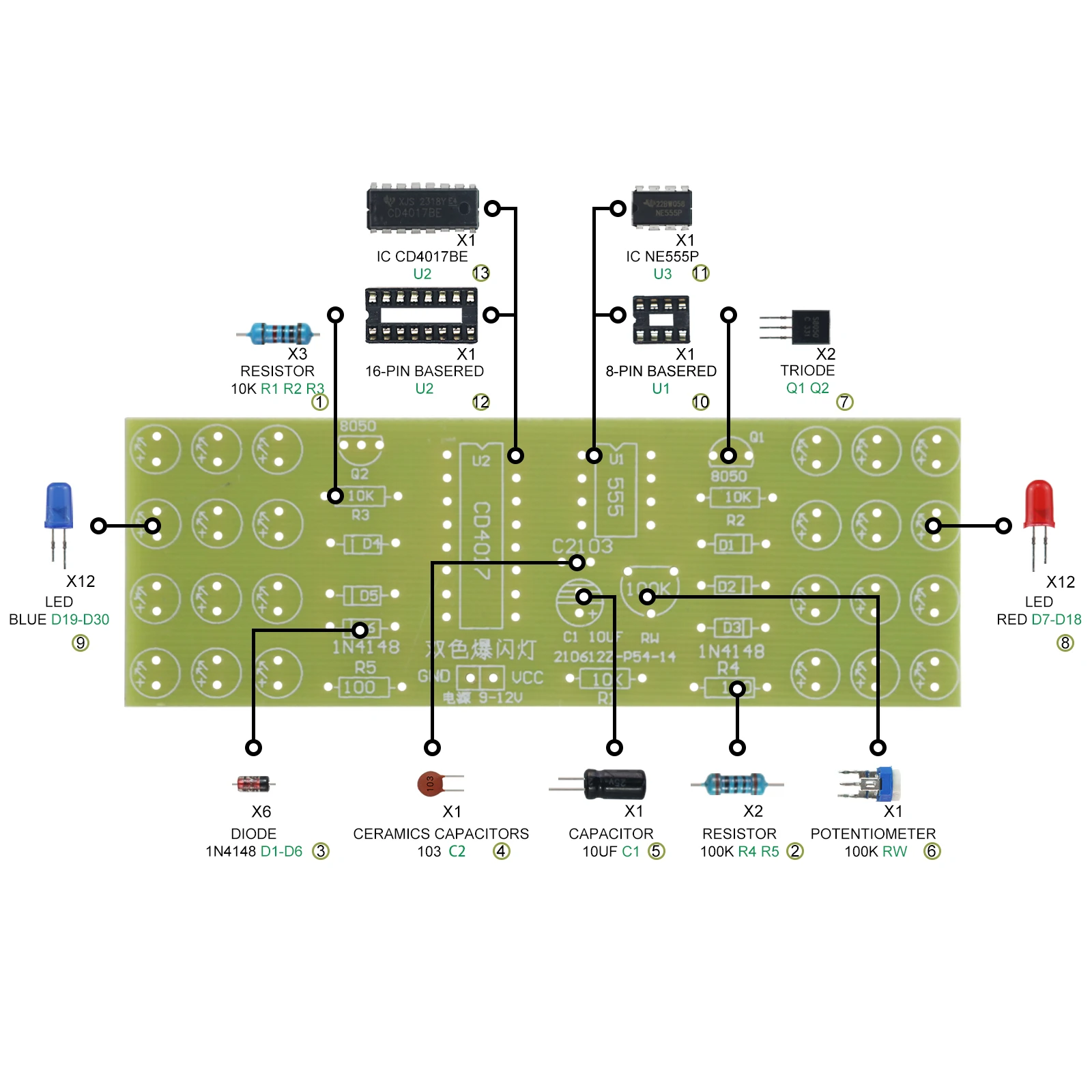 Ne555 Cd4017 Led Elektronische Lampen Kits Rood Blauw Dual-Color Diy Kit Strobe Elektronisch Pak Knipperlichten Componenten Diy