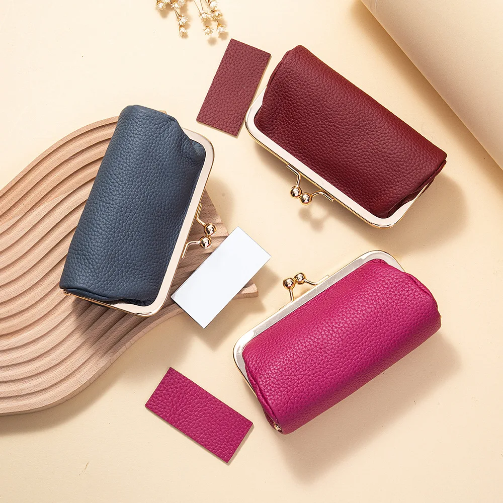 Women's Kiss-Lock Genuine Leather Mini Pouch - Retro Compact Organizer for Daily Cosmetic Essentials/Cards/Small Items