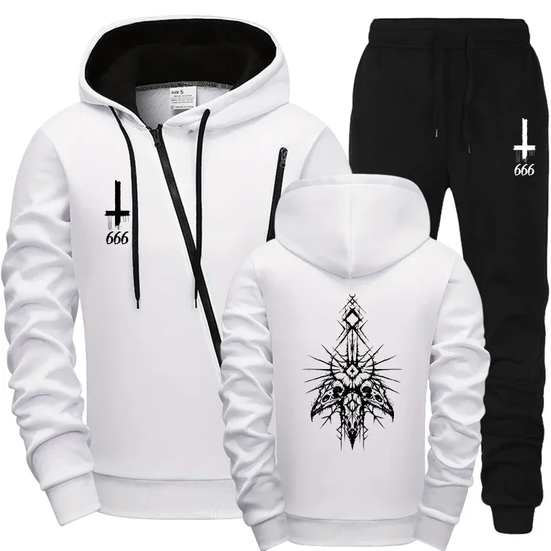 

2025 New Satan Print Mens Diagonal Zipper Hoodie Set Motorcycle Riding Outfit Urban Streetwear Tracksuit Fall Winter Casual Wear