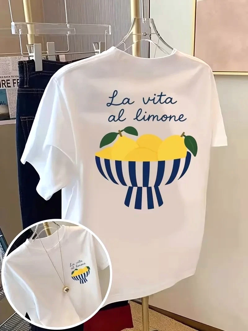 Dolce Vita Zitronen-Grafik-T-Shirt für Damen, Vorder- und Rückseite mit italienischem Sommer-Print, O-Ausschnitt, kurze Ärmel, alltagstauglich, günstige Kleidung – Detail 5