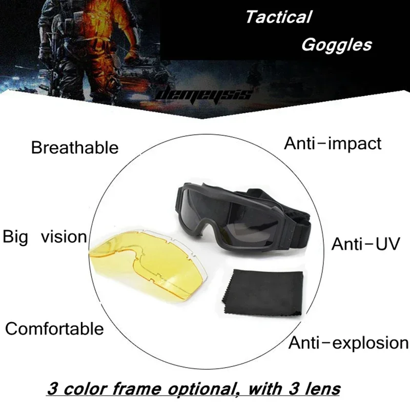 Tactical Goggles with 3 Lens Combat Glasses Airsoft Paintball Eye Protection for Cs Wargame Motorcycle Hiking