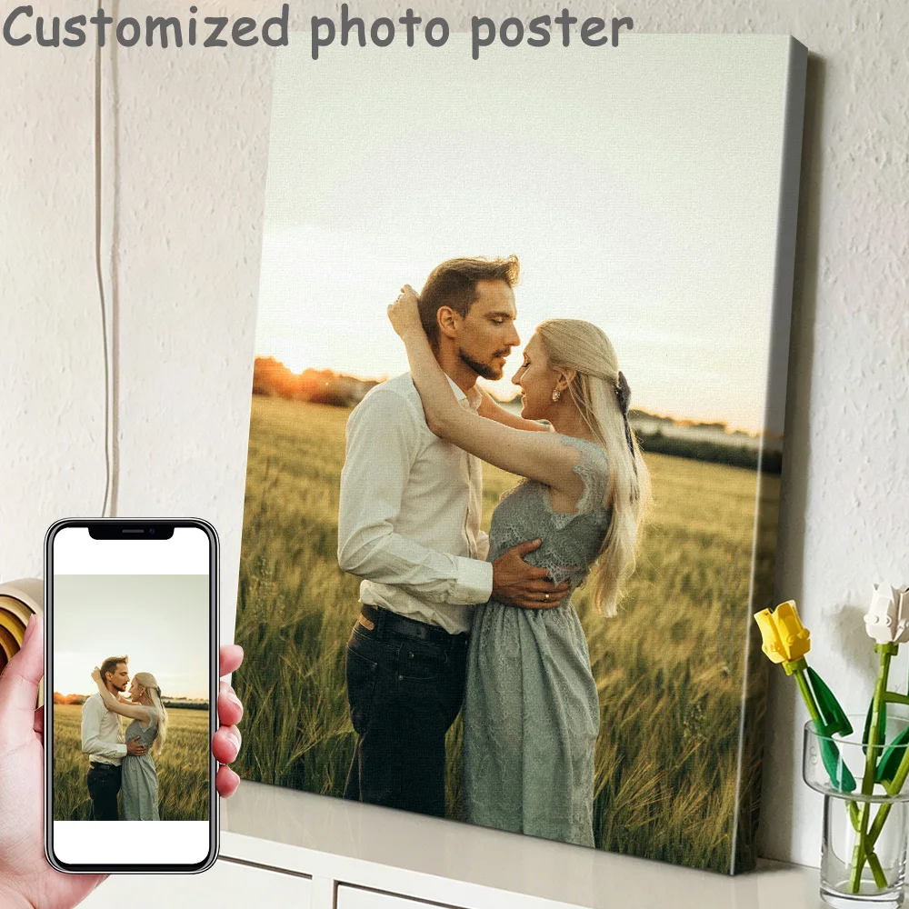 1 Customized Photo Canvas, Optional DIY Wooden Frame or Frameless Poster, Exclusive Gift for Couples or Families, Personalized H