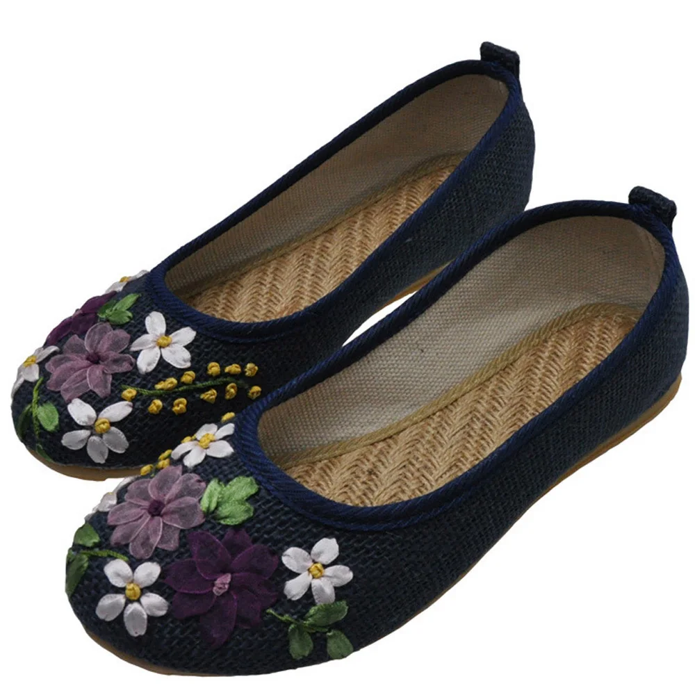 Vintage Embroidered Women\'s Flats Flower Slip on Cotton Fabric Linen Comfortable Old Peking Ballerina 2022 Shoes Sapato Feminino