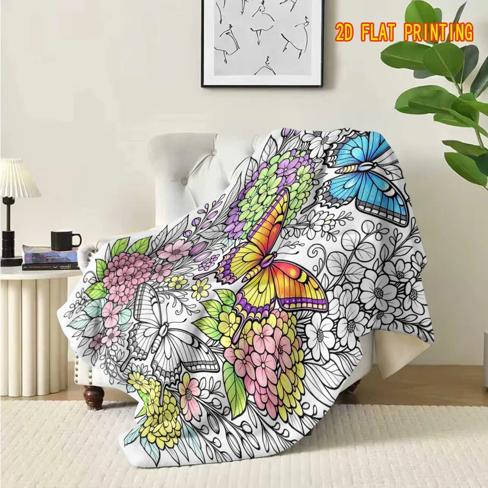 Colorful Butterfly Floral Flannel Throw Blanket,Vibrant Hand‑Drawn Insect Flower Print for Sofa Couch Bed Living Room Home Decor