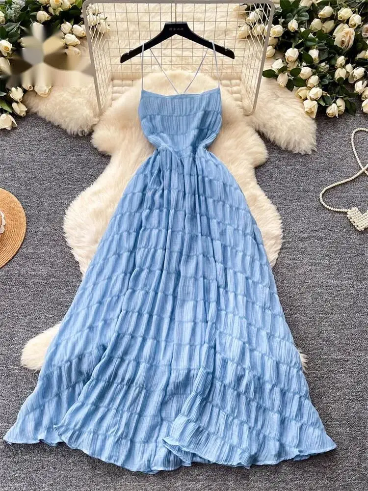 Backless Sensual Holiday Sundress Women 2026 Texture Gentle Lace Up Slim Summer Beach Casual Seaside A-line Maxi Dress
