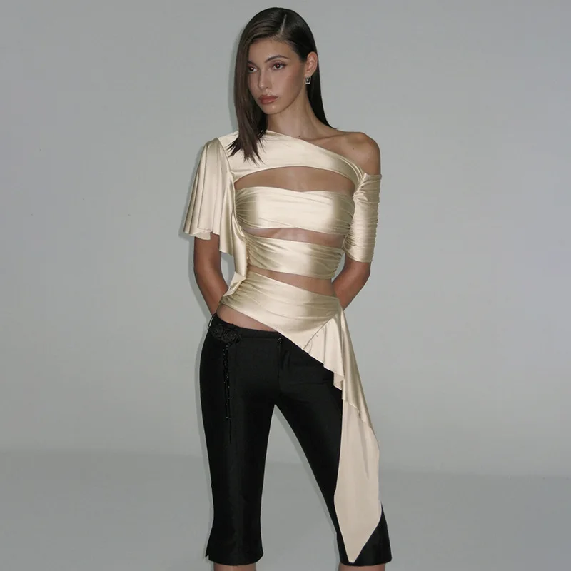 

Absobe Women Sexy Cut Out Ruched Top Fashion Asymmetrical Shoulder Irregular Patchwork Short Sleeve Slim T-shirt y2k Streetwear