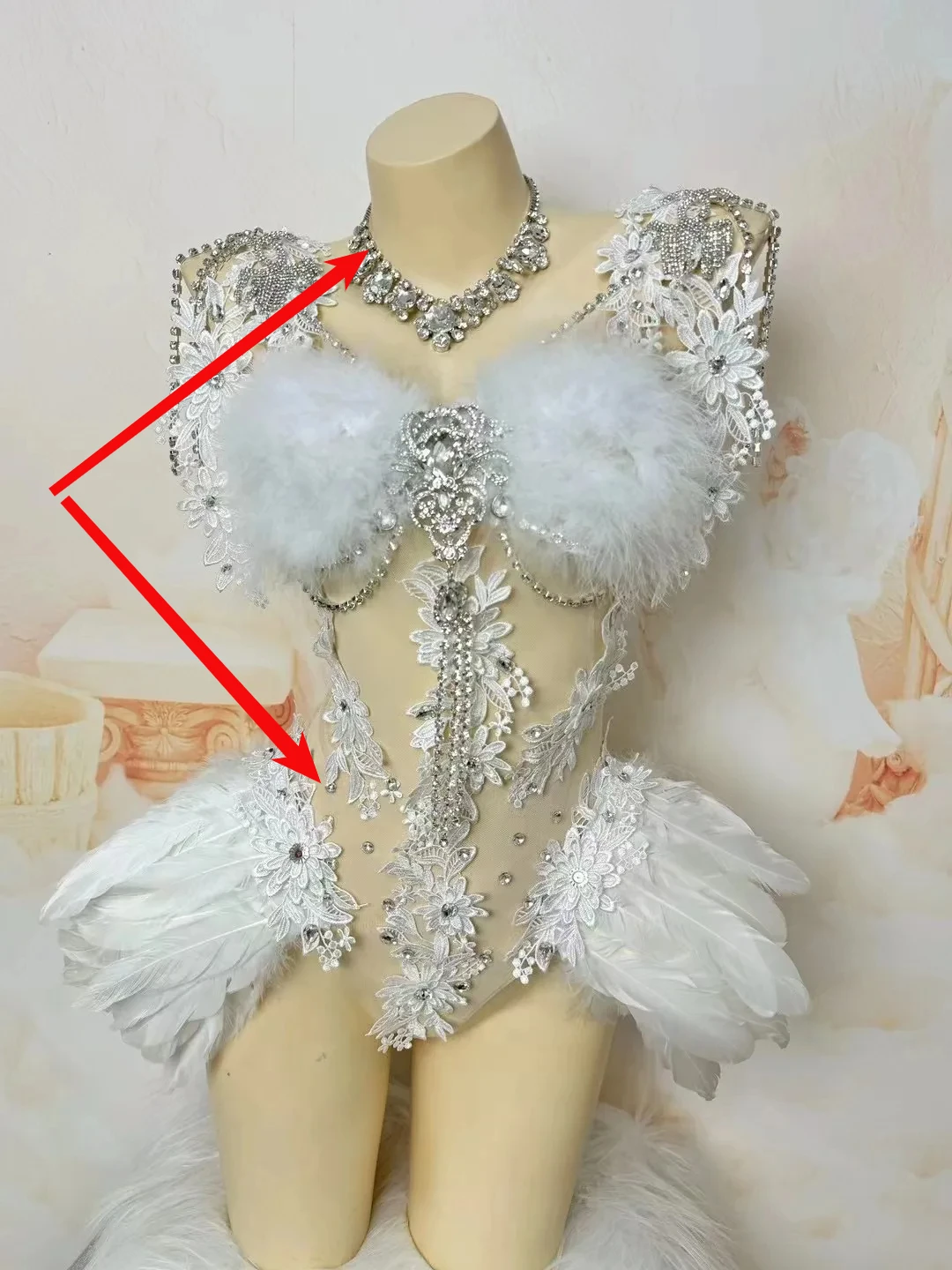 Queen White Angel Feather Rhinestones Bodysuit Sexy Transparent Carnival Party Photo Dancer Singer Stage Wear Drag Show Dress