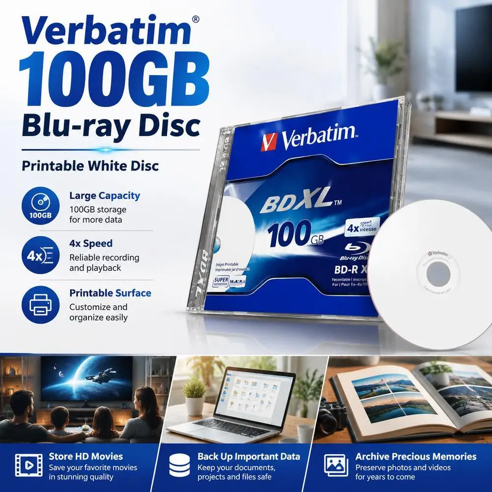 

100GB BD-XL Printable Blu-ray Disc - 4X Write Speed, Blank Recordable Media Home Audio Equipment