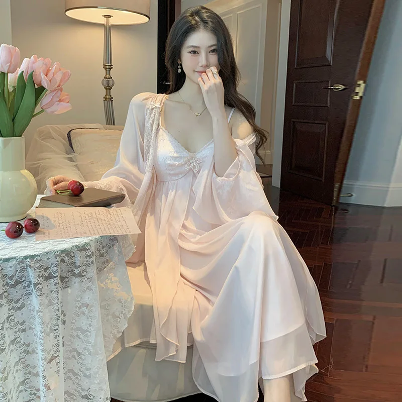 French Sexy Robe Fairy Nightgown Two-piece Set for Women Spring Chiffon Mesh Vintage Princess Pajama Sleepwear Home Clothing