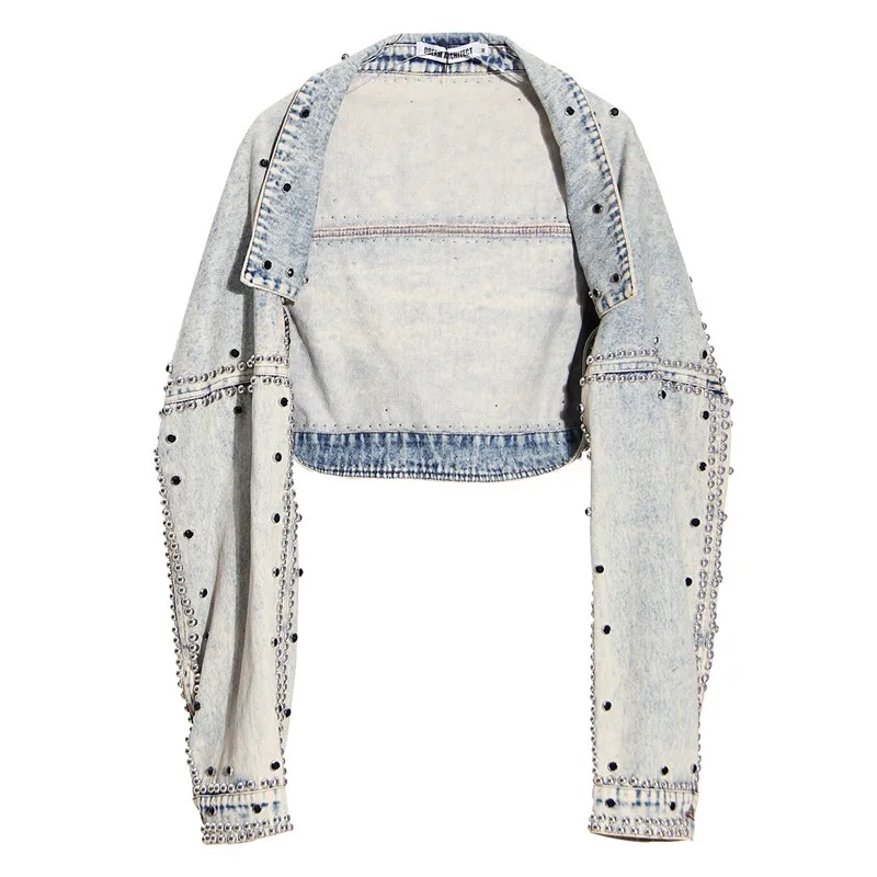 Light Blue Vintage Women Cardigan Jeans Shawl With Rivets Diamonds 2022 Summer Long Sleeve Crop Tops Lady Denim Short Jackets