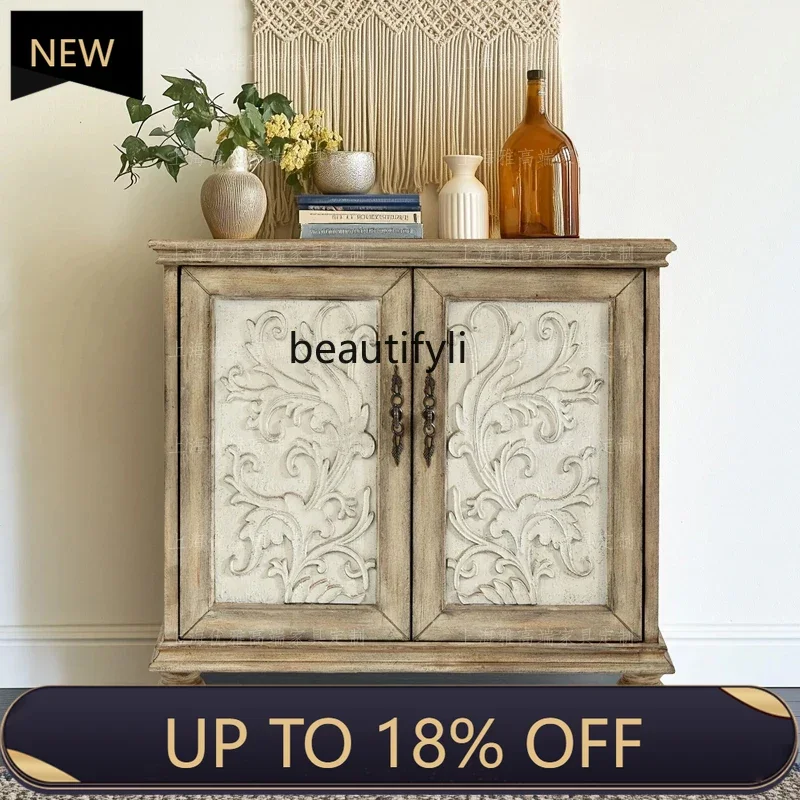

P178 American Country Style Solid Wood Carved Entryway Cabinet Vintage Living Room Entryway Storage Cabinet