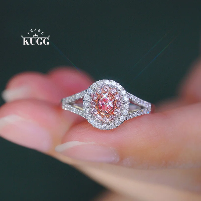 KUGG 100% 18K White Gold Rings Classic Oval Design Real Natural Pink Diamond Engagement Ring for Women High Wedding Jewelry