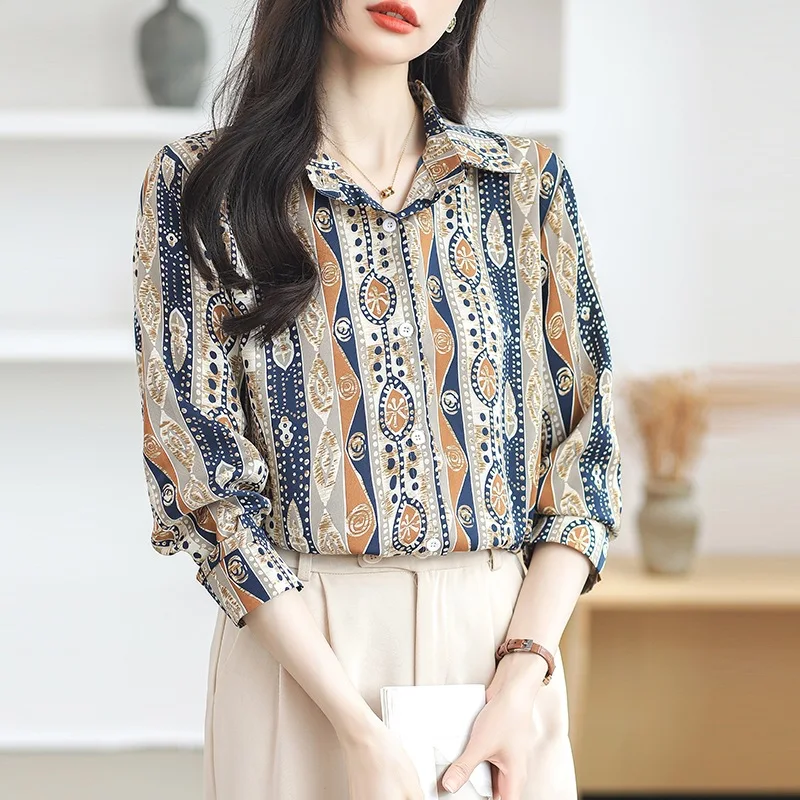 Spring Summer New Vintage Floral Print Long Sleeve Women's Chiffon Shirt Bohemian Style Floral Inner Force Elegant Casual
