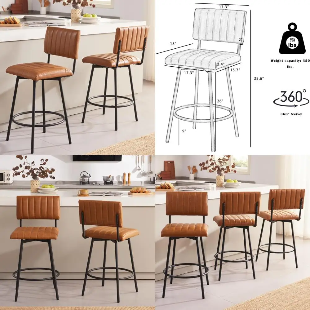 Set of 2 Upholstered Swivel Bar Stools, 26 Inch High with Metal Frame, Faux Leather in Cognac Color
