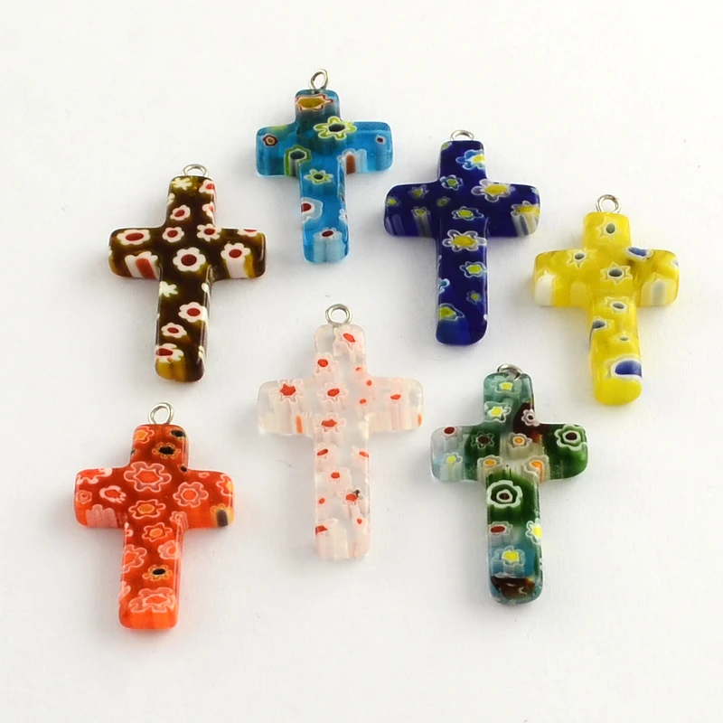 10pcs Heart Cross Shape Handmade Millefiori Lampwork Pendants Flower Patterns For Jewelry Making Craft Necklace DIY Findings