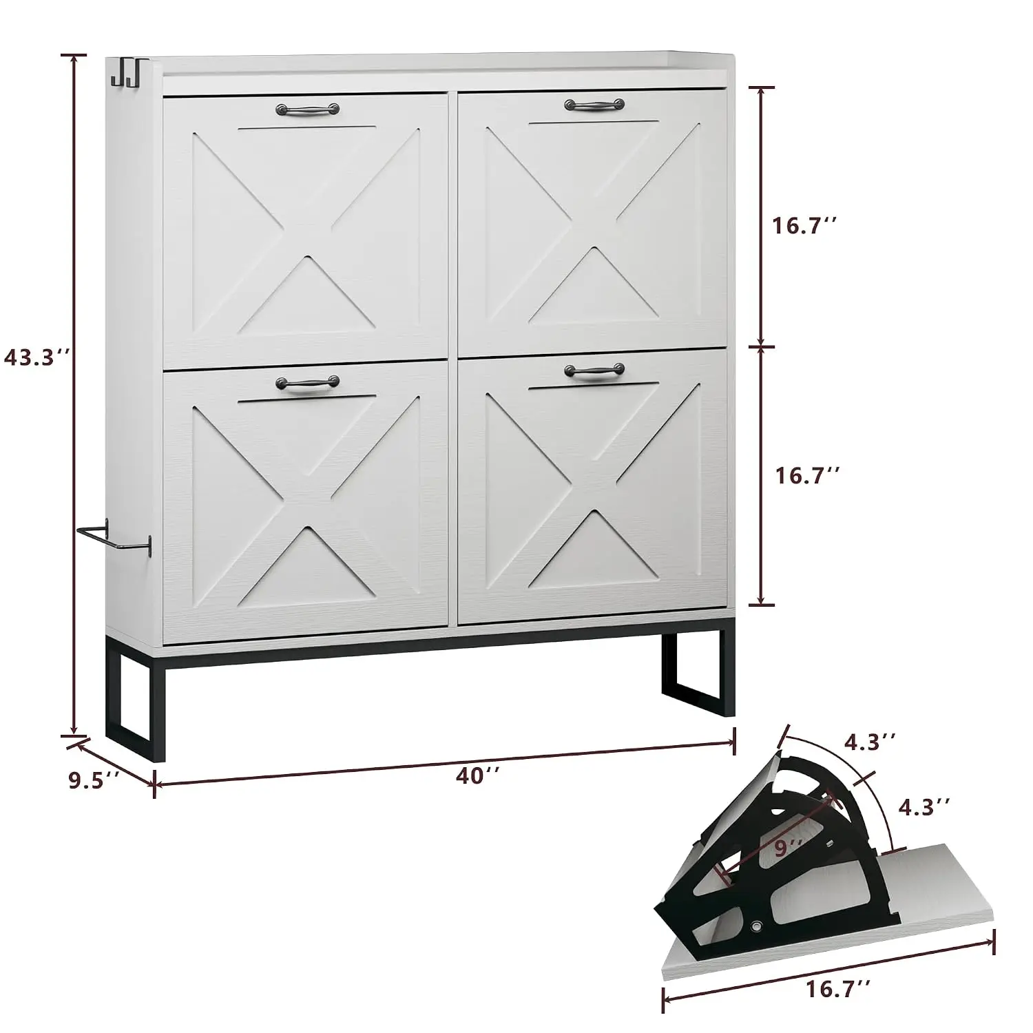 Shoe Cabinet 4 Flip Drawers Wall Mounted Rack Adjustable Shelves Entryway Hallway Narrow Metal Legs, Customized
