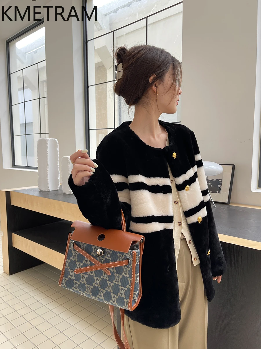 Naturalna wełna merino, skóra owcza, dwustronna kurtka futrzana damska, luksusowy czarno-biały płaszcz z prawdziwego futra, odzież zimowa 2025, fourrure